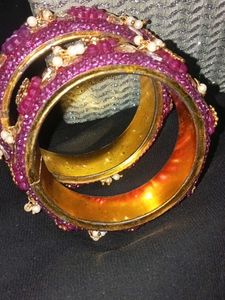 Pink Bangles With Silver Pearls And Golden Stones