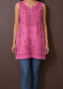 Pink handwork Chikankari Sleeveless Kurti
