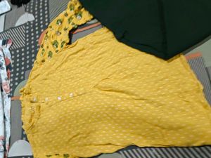 Yellow Kurta  green pants Set with Printed Sleeves