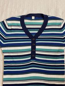 Striped V-Neck Button-Up Top in new conditio