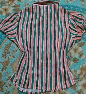 Striped Puff Sleeve Button-Up Top