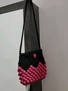 Handmade Macrame Pink &amp; Black Bag