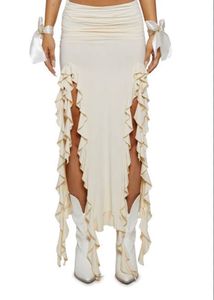 Cream Ruched Slit Long Skirt
