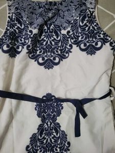 Elegant White &amp; Navy Embroidered Dress
