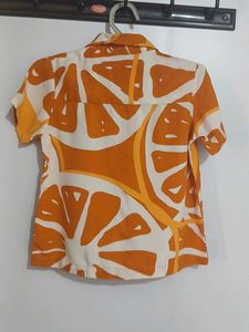 Vibrant Orange Citrus Print Short Sleeve Shirt