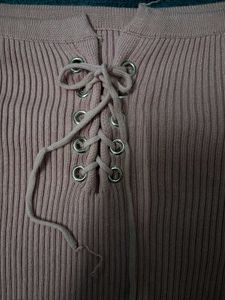 Ribbed Knit Lace-Up Long Sleeve Top