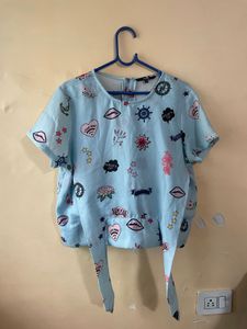 Cute Printed Blue Tie-Front Top