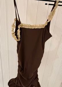 Brown Ruched Dress with Ruffle Trim