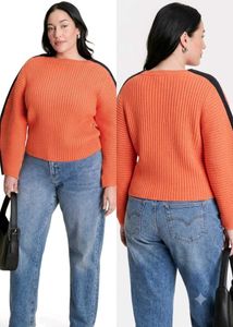 Orange Ribbed Knit Sweater with Black Stripes