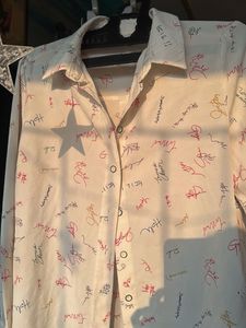 White Graphic Print Button-Up Shirt
