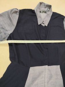 Elegant Navy Blue &amp; Grey Long Shirt Dress
