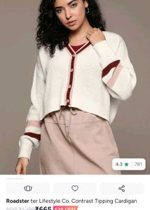 White Knit Cardigan with Red Trim