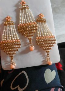 Elegant Pearl &amp; Peach Kundan Jewellery Set
