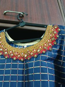 Elegant Blue Kurta with Golden Grid