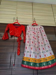 Red Bandhani Blouse & Printed Lehenga