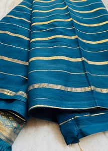 Elegant Teal Saree with Golden Stripes