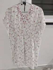 White Floral Kaftan Top with Mirror Work