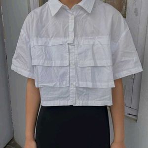 White Cropped Button-Up Shirt with Pockets