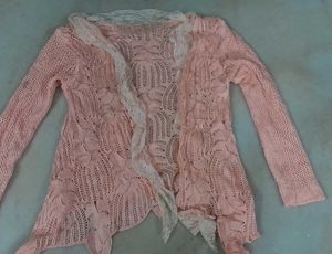 Pink Lace Trim Knit Cardigan