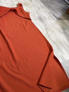 Orange Ribbed Bow-Front Bodycon Dress