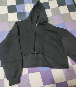 Black Cropped Zip Up Hoodie