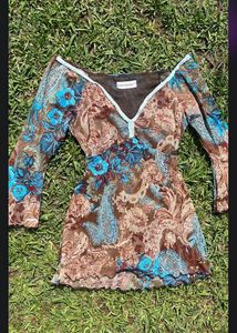 Brown Floral Print Sheer Mesh Top