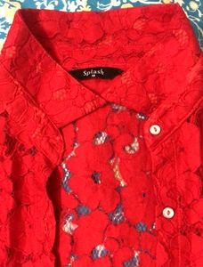 Red Lace Button-Down Shirt