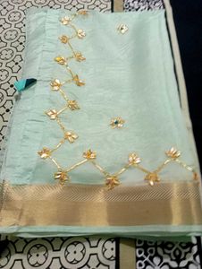Beautiful Embellished Light Blue Saree with contra