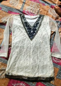 Beaded V-Neck White Lace Top.