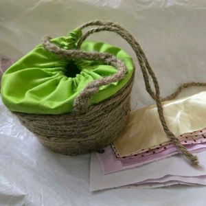 Handcrafted Jute & Fabric Drawstring Pouch