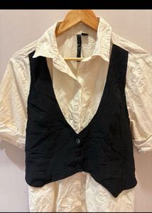 Chic Button-Up Shirt with Black Vest