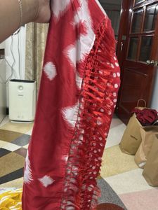 Vibrant Red Saree with White Block Print