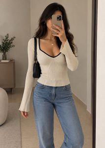H&M Cream Ribbed Bell Sleeve Top