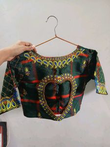 Dark Green &amp; Red Checkered Embroidered Silk Blouse