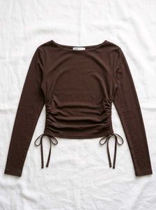 Coffee Brown Ruched Mesh Long Sleeve Top
