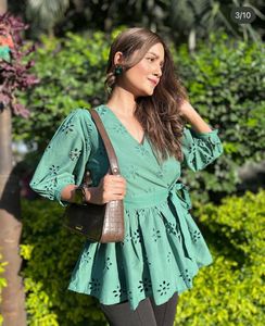 Elegant Green Eyelet Wrap Top