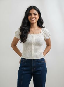Chic White Smocked Puff Sleeve Top