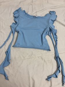 Blue Tie-Up Ruffle Sleeve crop Top