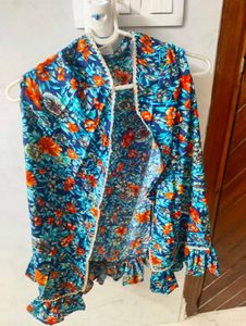 fresh piece Blue Floral Print Dupatta with Ruffle