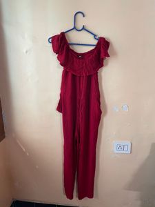 Red Off-Shoulder Ruffle Jumpsuit