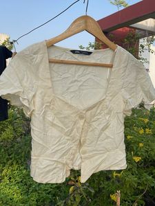 Cream Linen Blend Cropped Top