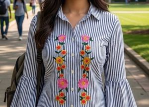 Striped Embroidered Bell Sleeve Top
