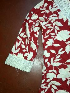 Red Floral short Kurta with Lace Neckline