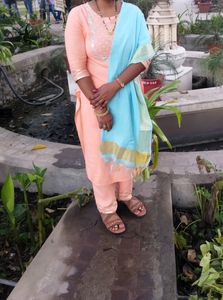 Peach Embroidered Kurta With Pant And Dupatta
