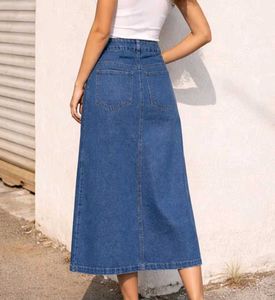 Denim Maxi Skirt with Front Slit
