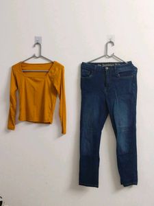 Mustard top and blue jeans