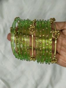 trendy Kashmiri gold and glass Green Bangles