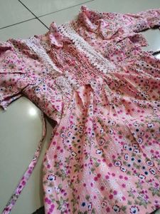 Pink Floral Smocked Ruffle Top with Side Tie