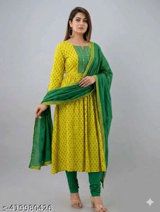 New YellowWithGreenEmbroideredKurta+Chudi+Dup