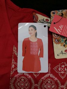 Women's New Red Cotton short Kurti with Tags